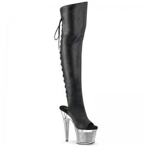 Pleaser Spectator-3019 Faxur Leather Women's Thigh High Boots Black / Clear | NZ AMQCTP