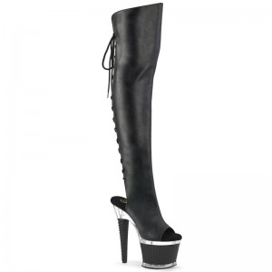 Pleaser Spectator-3019 Vegan Leather Women's Thigh High Boots Black / Clear | NZ JXFTNR