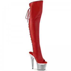 Pleaser Spectator-3019 Vegan Leather Women's Thigh High Boots Red / Clear | NZ LAQINK