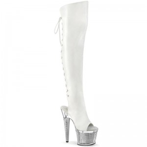 Pleaser Spectator-3019 Vegan Leather Women's Thigh High Boots White / Clear | NZ CJAOMZ