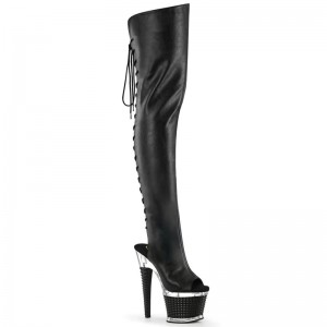 Pleaser Spectator-3030 Faux Leather Women's Thigh High Boots Black / Clear | NZ OMZPYK