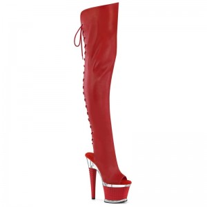 Pleaser Spectator-3030 Faux Leather Women's Thigh High Boots Red / Clear | NZ RGAZVU