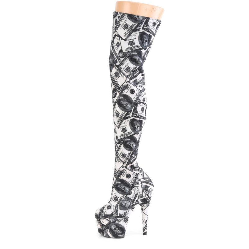 Pleaser Adore-3000DP Women's Thigh High Boots White / Black | NZ UXPQTI