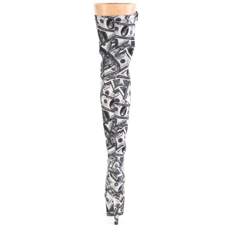 Pleaser Adore-3000DP Women's Thigh High Boots White / Black | NZ UXPQTI