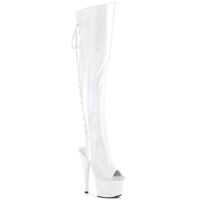 Pleaser Adore-3019HWR Stretch Holo Women\'s Thigh High Boots White | NZ AQIYCS