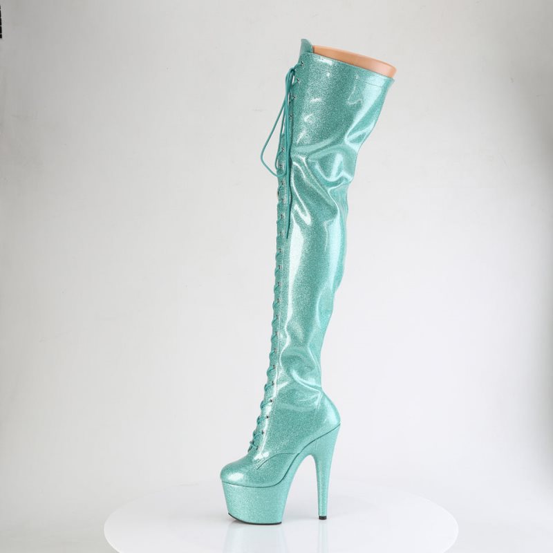 Pleaser Adore-3020GP Glitter Women's Thigh High Boots Light Turquoise | NZ BIKCSE