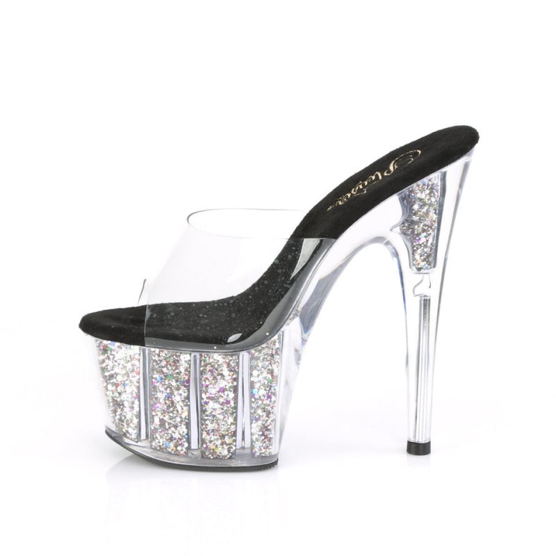 Pleaser Adore-701CG Women's Platform Slides Silver / Clear | NZ TCMHLN