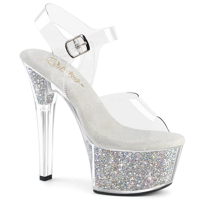 Pleaser Aspire-608RSI Rhinestones Women\'s Platform Heels Sandals Silver / Clear | NZ PCVFAB