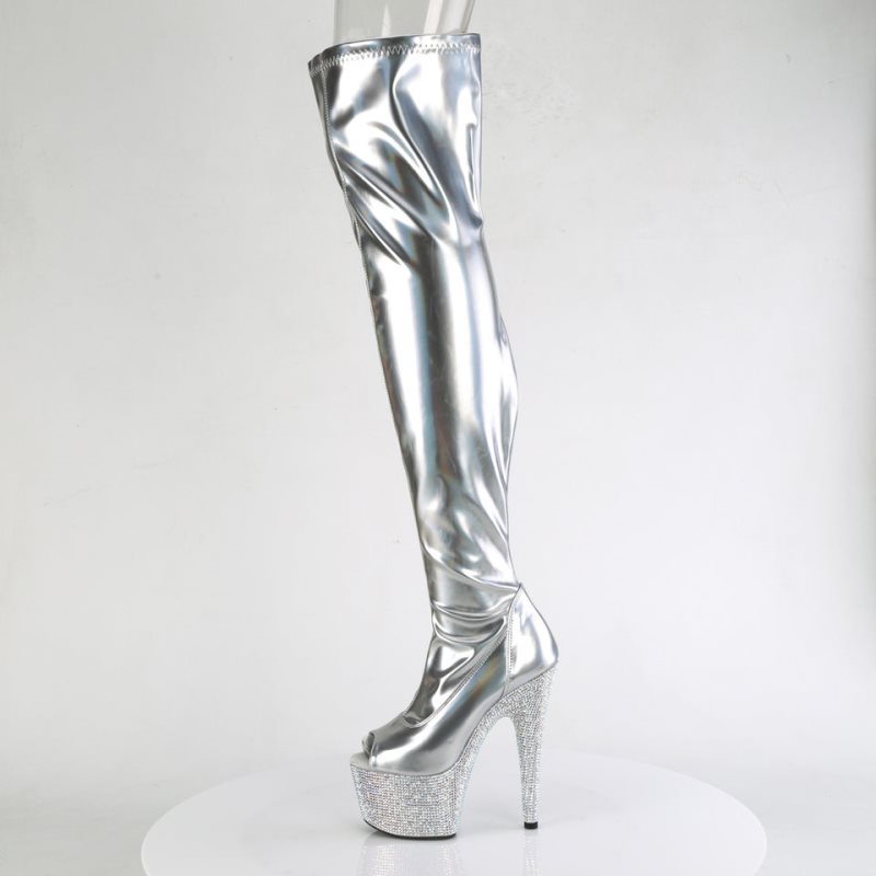 Pleaser Bejeweled-3011-7 Women's Thigh High Boots Silver | NZ EODFHN