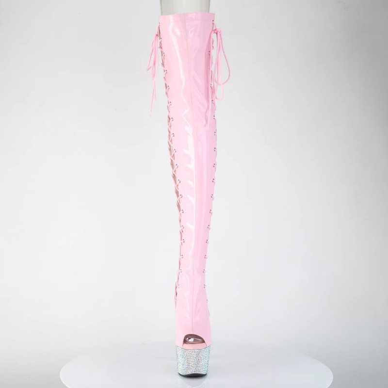 Pleaser Bejeweled-3052HG-7 Hologram Women's Thigh High Boots Pink / Silver | NZ STUFKJ