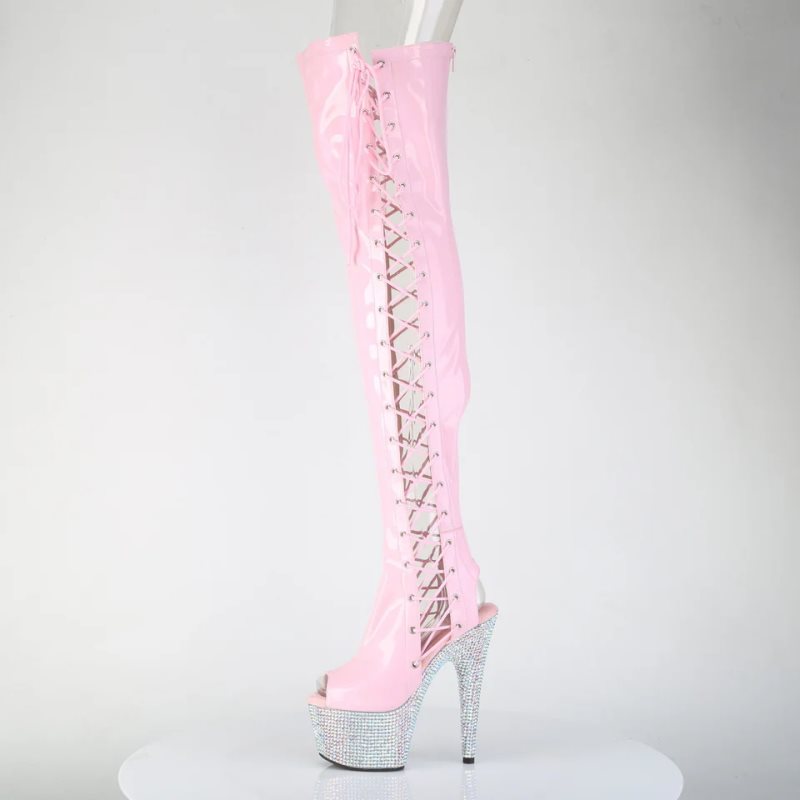 Pleaser Bejeweled-3052HG-7 Hologram Women's Thigh High Boots Pink / Silver | NZ STUFKJ