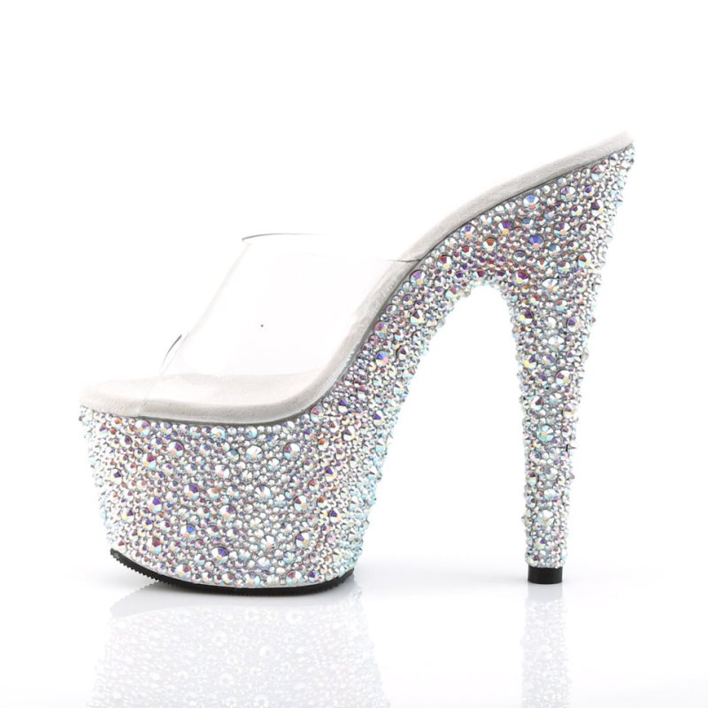 Pleaser Bejeweled-701MS Women's Platform Slides Silver / Clear | NZ VDXQHS