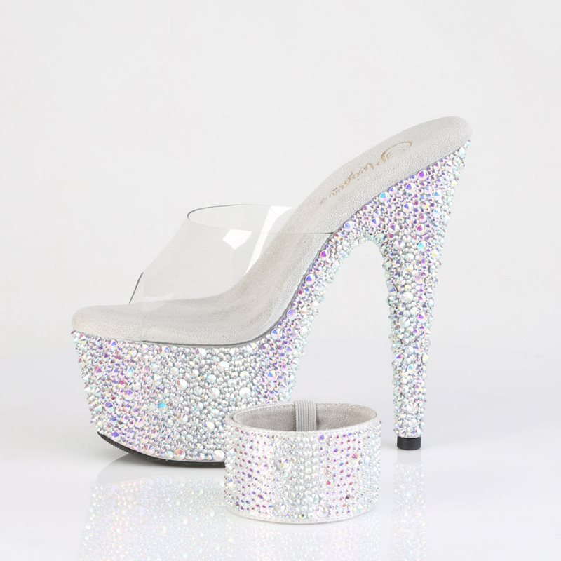 Pleaser Bejeweled-712MS Rhinestones Women's Platform Slides Silver / Clear | NZ WFOSXT