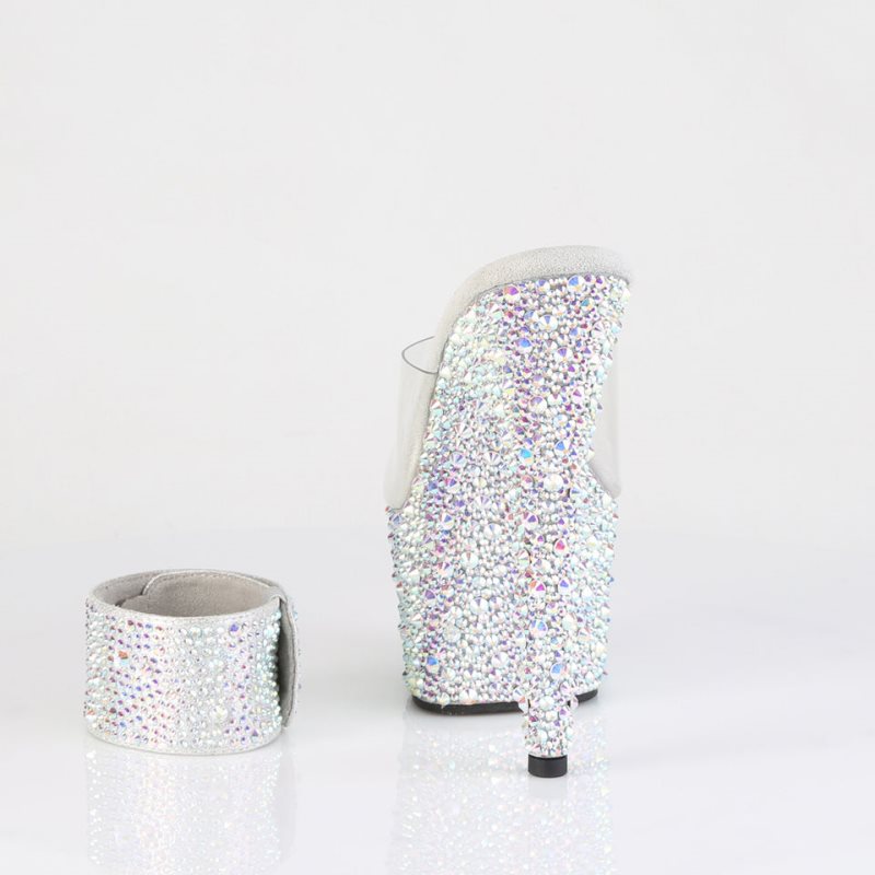 Pleaser Bejeweled-712MS Rhinestones Women's Platform Slides Silver / Clear | NZ WFOSXT