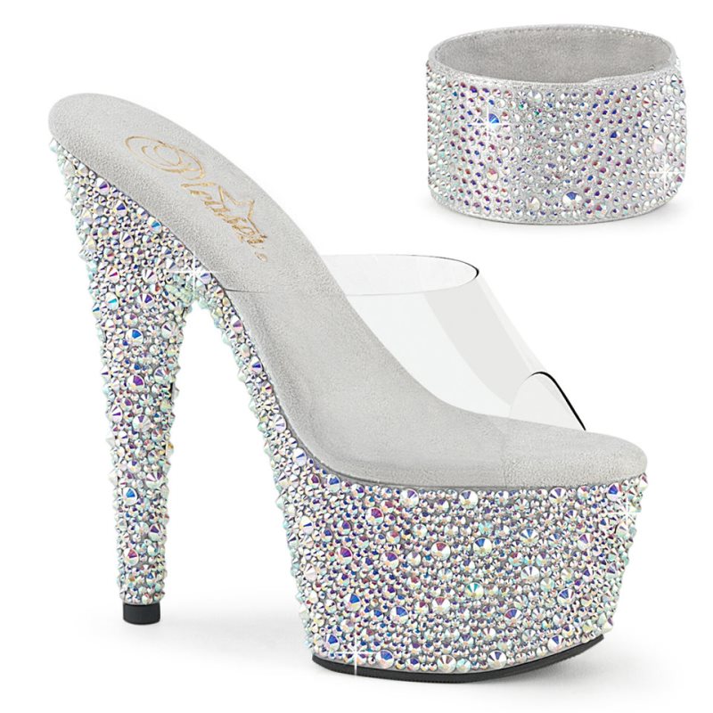 Pleaser Bejeweled-712MS Rhinestones Women\'s Platform Slides Silver / Clear | NZ WFOSXT