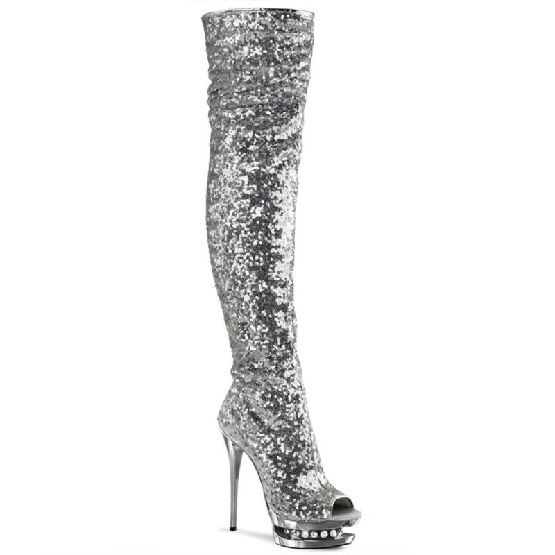 Pleaser Blondie-R-3011 Women\'s Thigh High Boots Silver | NZ SRNBMV