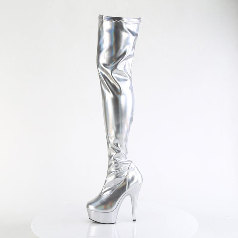 Pleaser Delight-3000HWR Women's Thigh High Boots Silver | NZ IOMDRS