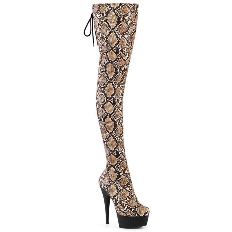 Pleaser Delight-3008SP-BT Snake Women\'s Thigh High Boots Brown / Black | NZ GDEUMA