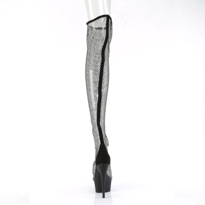 Pleaser Delight-3009 Faux Suede-Rhinestone Mesh Women's Thigh High Boots Black | NZ MPEXZI