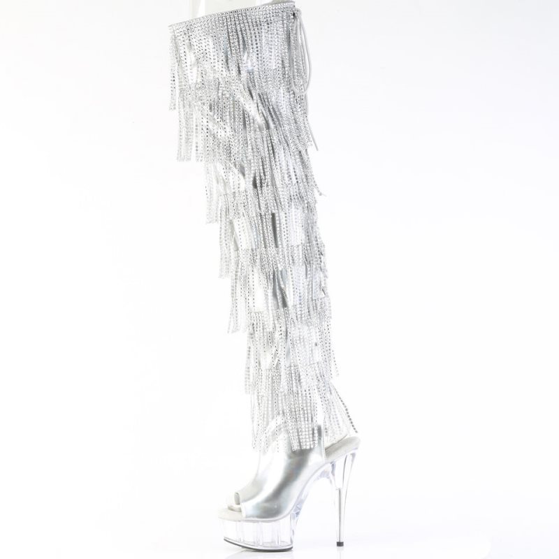 Pleaser Delight-3017HG-RSF Women's Thigh High Boots Silver Metal / Clear | NZ HDULTN