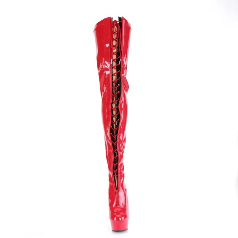 Pleaser Delight-3027 Women's Thigh High Boots Black / Red | NZ TEBJPQ