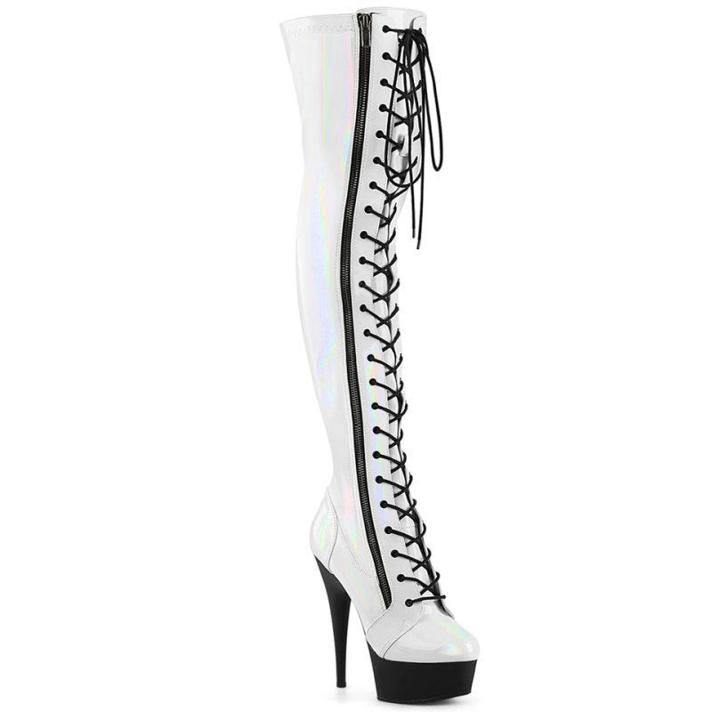 Pleaser Delight-3029 Women\'s Thigh High Boots White / Black | NZ KEPUNG