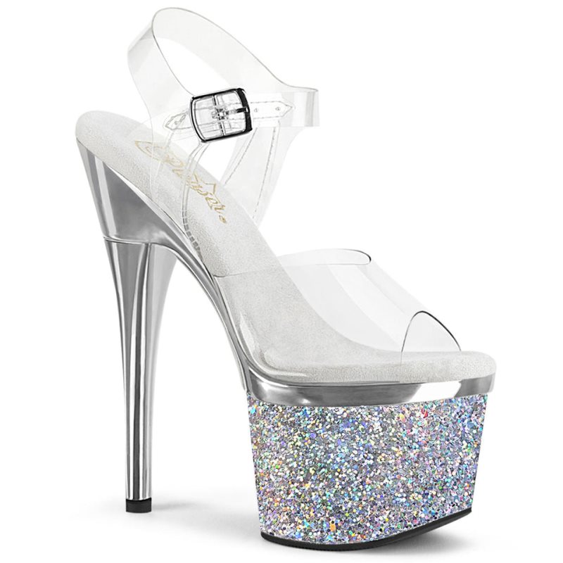 Pleaser Esteem-708CHLG Women\'s Platform Heels Sandals Silver / Clear | NZ ACBWEZ