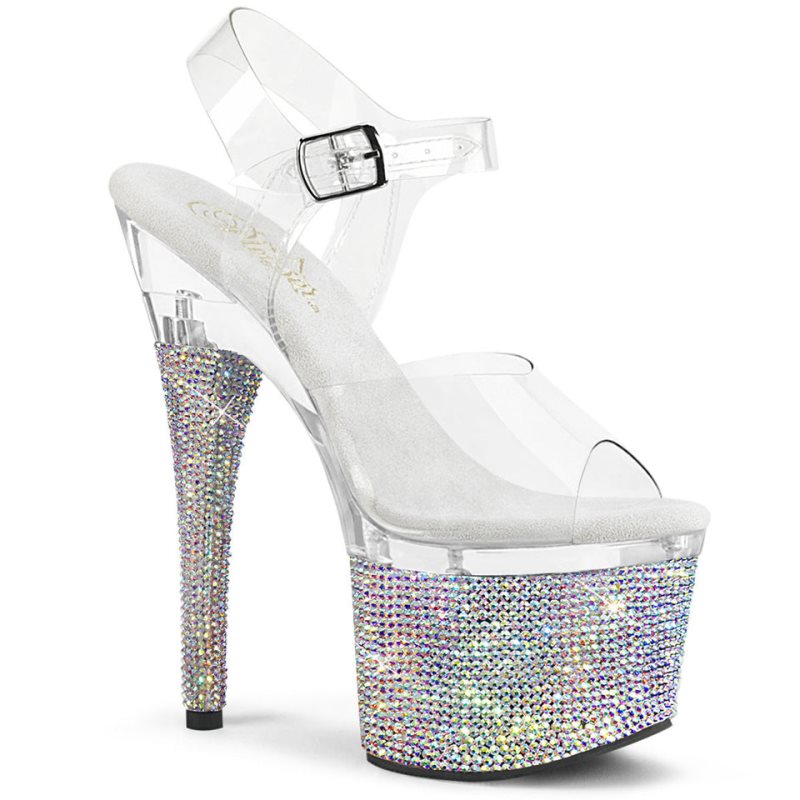 Pleaser Esteem-708DM Women\'s Platform Heels Sandals Silver / Clear | NZ RXUQMA