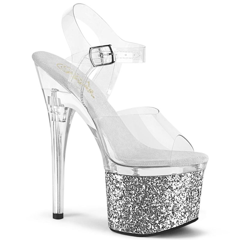 Pleaser Esteem-708LG Women\'s Platform Heels Sandals Silver / Clear | NZ NQWMZH