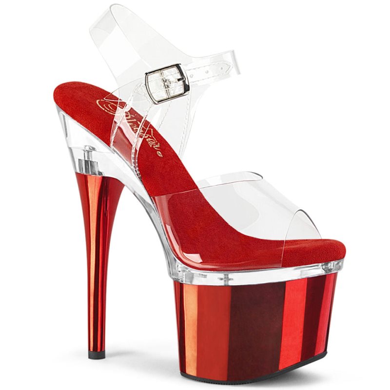 Pleaser Esteem-708 Women\'s Platform Heels Sandals Red / Clear | NZ IEZNXK