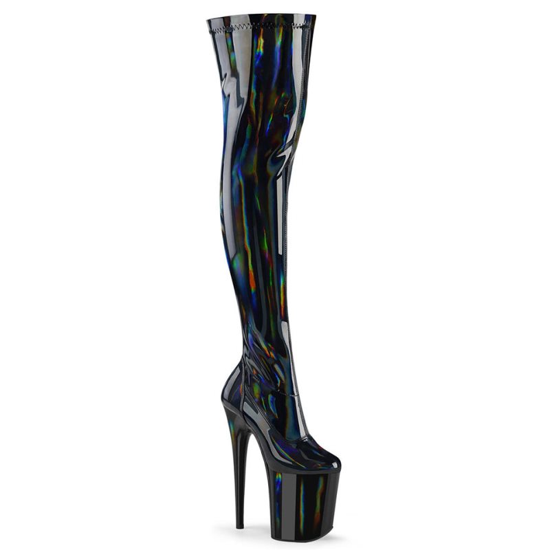 Pleaser Flamingo-3000HWR Hologram Women\'s Thigh High Boots Black | NZ WJTZDQ