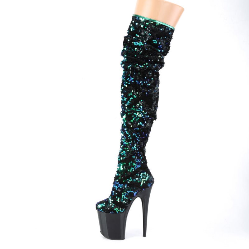 Pleaser Flamingo-3004 Women's Thigh High Boots Green / Black | NZ HESLRM