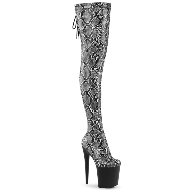 Pleaser Flamingo-3008SP-BT Snake Women\'s Thigh High Boots Grey / Black | NZ AYUODF