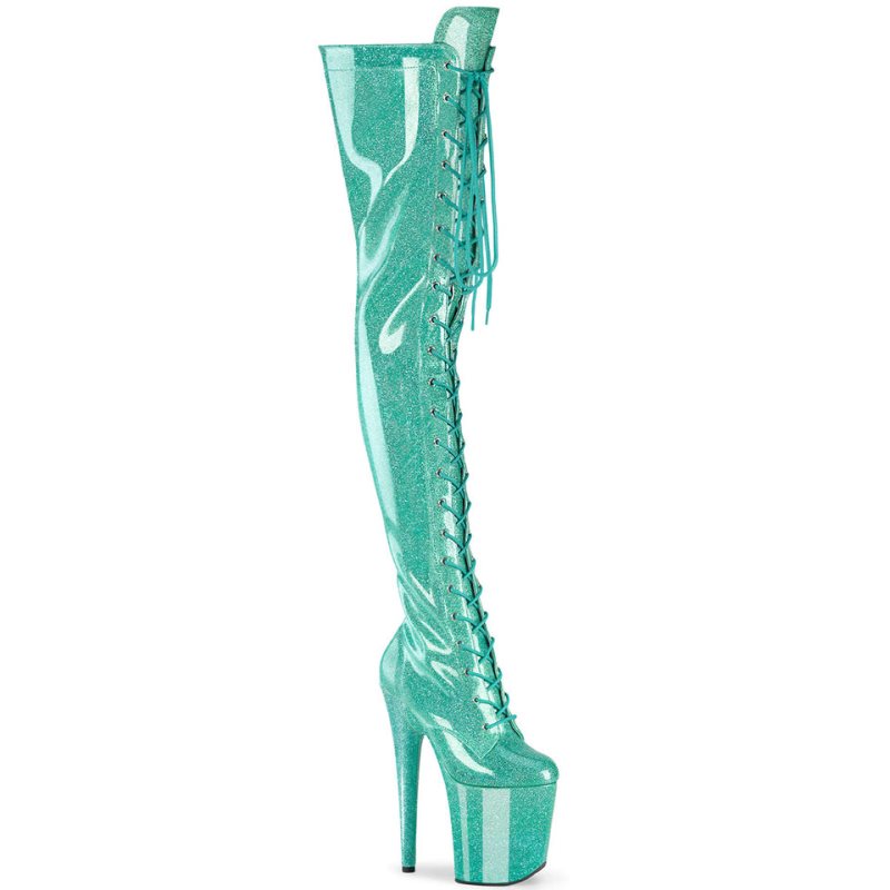 Pleaser Flamingo-3020GP Glitter Women\'s Thigh High Boots Light Turquoise | NZ MXPECR