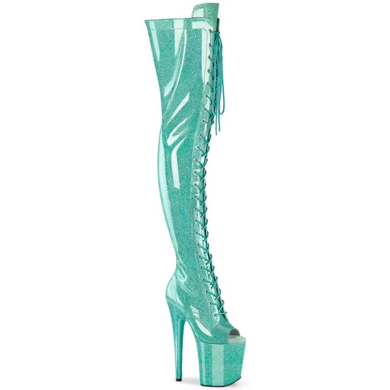 Pleaser Flamingo-3021GP Glitter Women\'s Thigh High Boots Light Turquoise | NZ PNJSCH