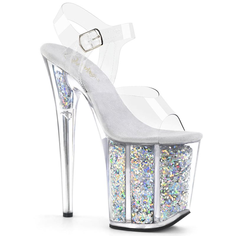 Pleaser Flamingo-808GF Women\'s Platform Heels Sandals Silver / Clear | NZ KGFSPL