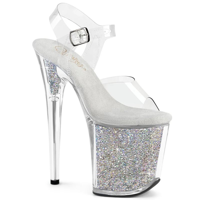 Pleaser Flamingo-808RSI Rhinestones Women\'s Platform Heels Sandals Silver / Clear | NZ IWJOST