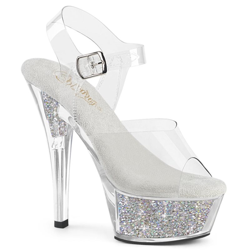 Pleaser Kiss-208RSI Rhinestones Women\'s Platform Heels Sandals Silver / Clear | NZ IVTLKX