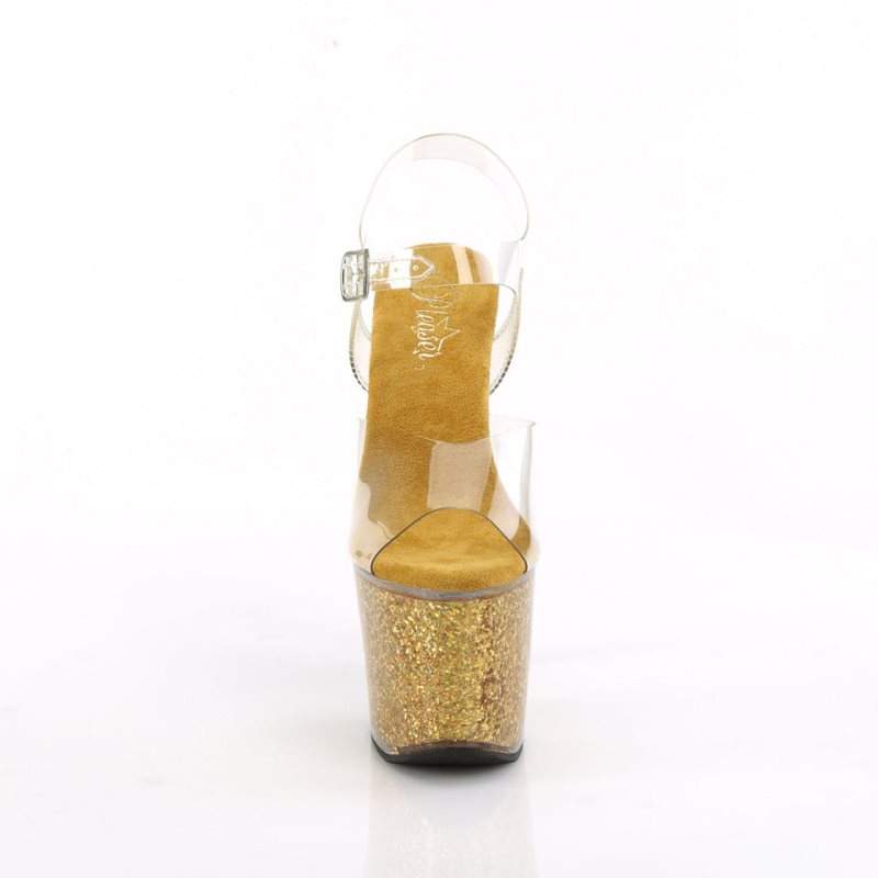 Pleaser Lovesick-708SG Women's Platform Heels Sandals Gold / Clear | NZ YFASLB