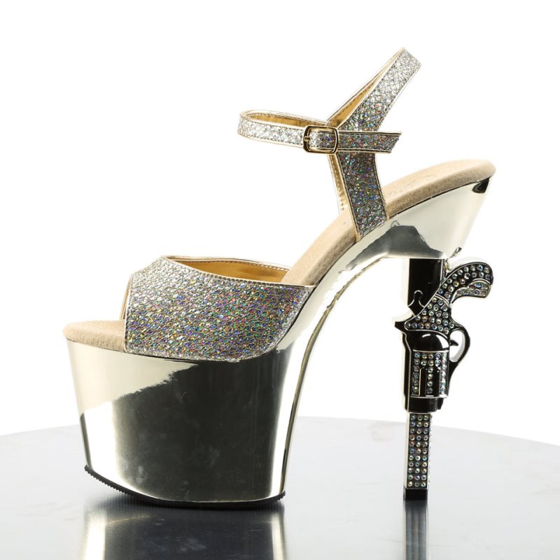 Pleaser Revolver-709G Women's Platform Heels Sandals Gold | NZ EXLQGB