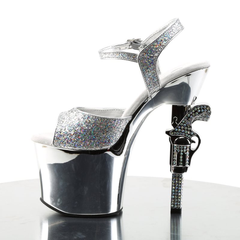 Pleaser Revolver-709G Women's Platform Heels Sandals Silver | NZ JPKMUX