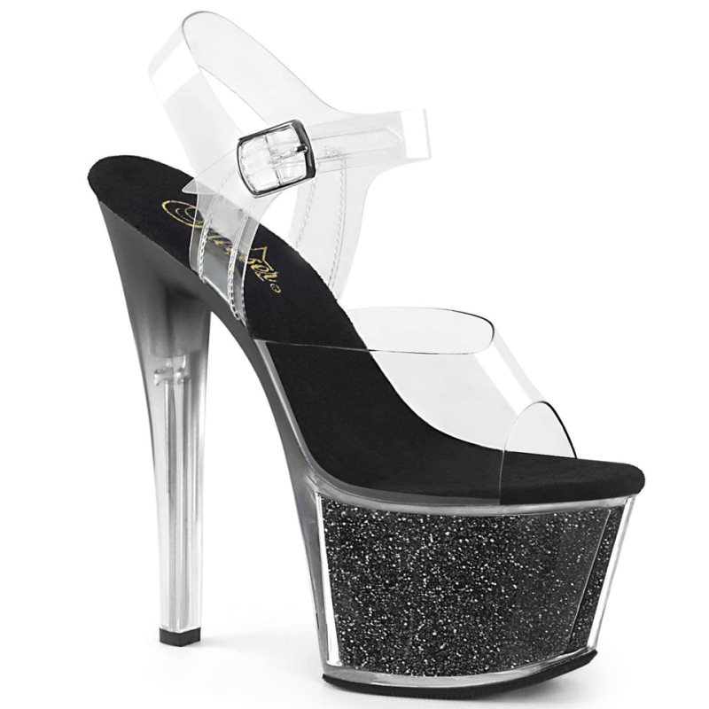 Pleaser Sky-308G-T Women\'s Platform Heels Sandals Black / Clear | NZ EJKMOP