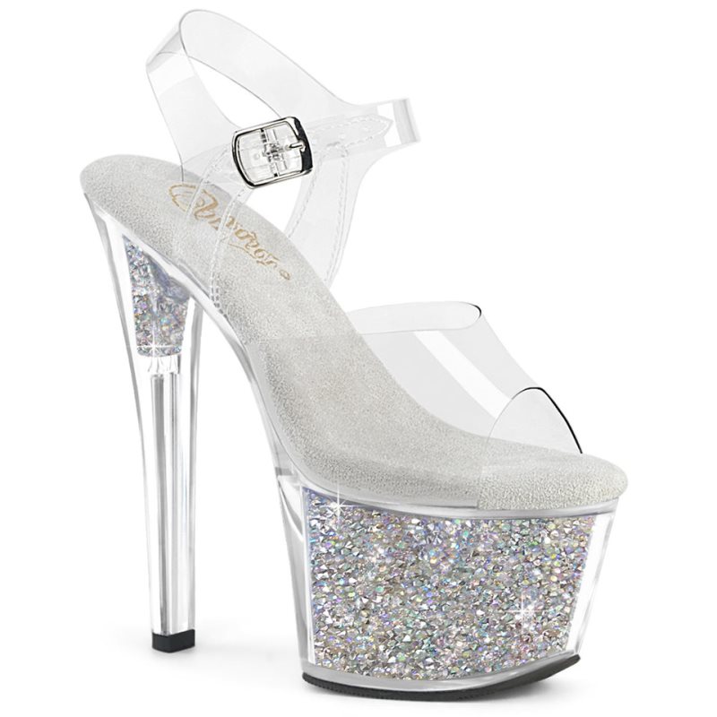 Pleaser Sky-308RSI Rhinestones Women\'s Platform Heels Sandals Silver / Clear | NZ AOHZVN