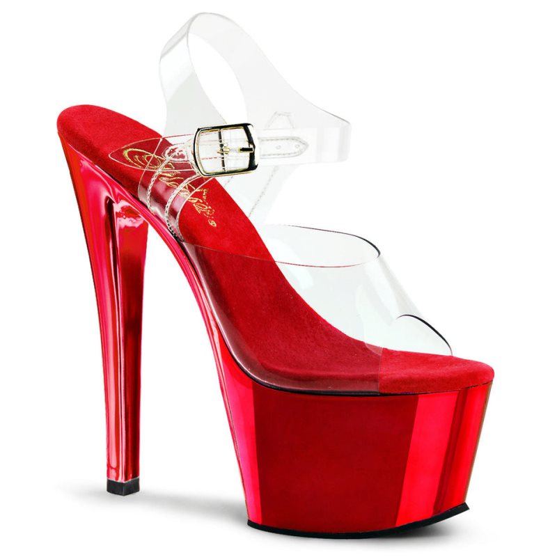 Pleaser Sky-308 Women\'s Platform Heels Sandals Red / Clear | NZ IXSNUJ