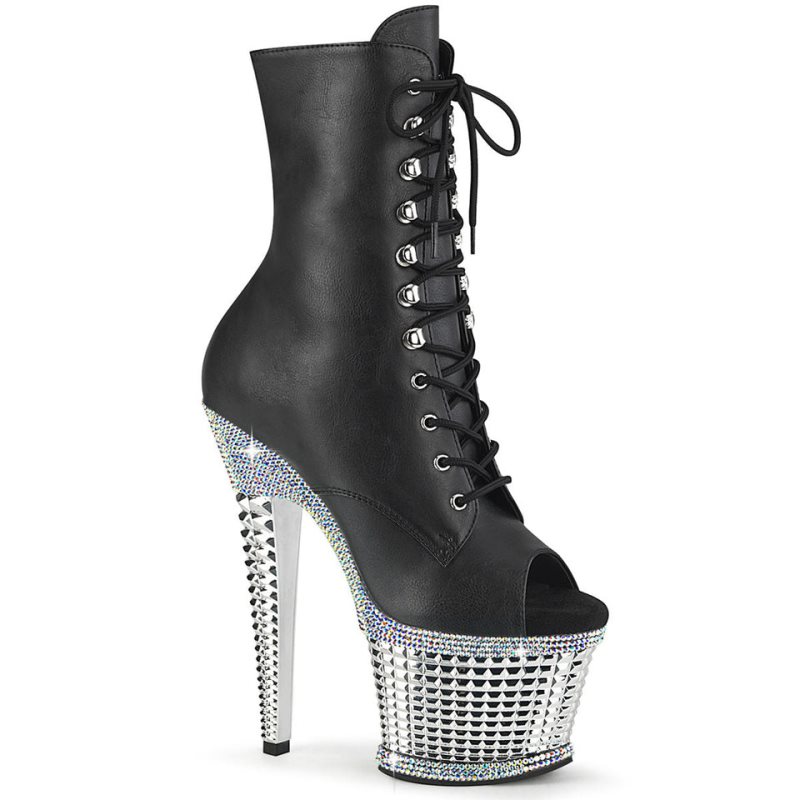 Pleaser Spectator-1021RS Vegan Leather Women\'s Heels Boots Black / Silver | NZ PQHIWJ