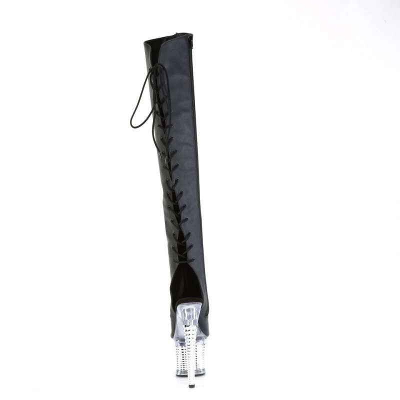 Pleaser Spectator-3019 Faxur Leather Women's Thigh High Boots Black / Clear | NZ AMQCTP