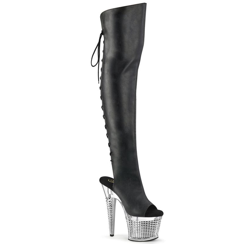 Pleaser Spectator-3019 Faxur Leather Women\'s Thigh High Boots Black / Clear | NZ AMQCTP