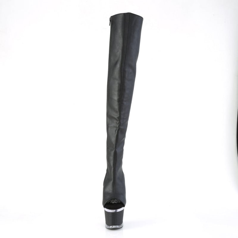 Pleaser Spectator-3019 Vegan Leather Women's Thigh High Boots Black / Clear | NZ JXFTNR