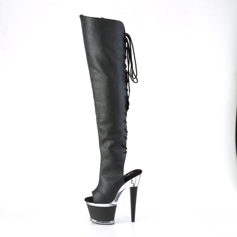 Pleaser Spectator-3019 Vegan Leather Women's Thigh High Boots Black / Clear | NZ JXFTNR