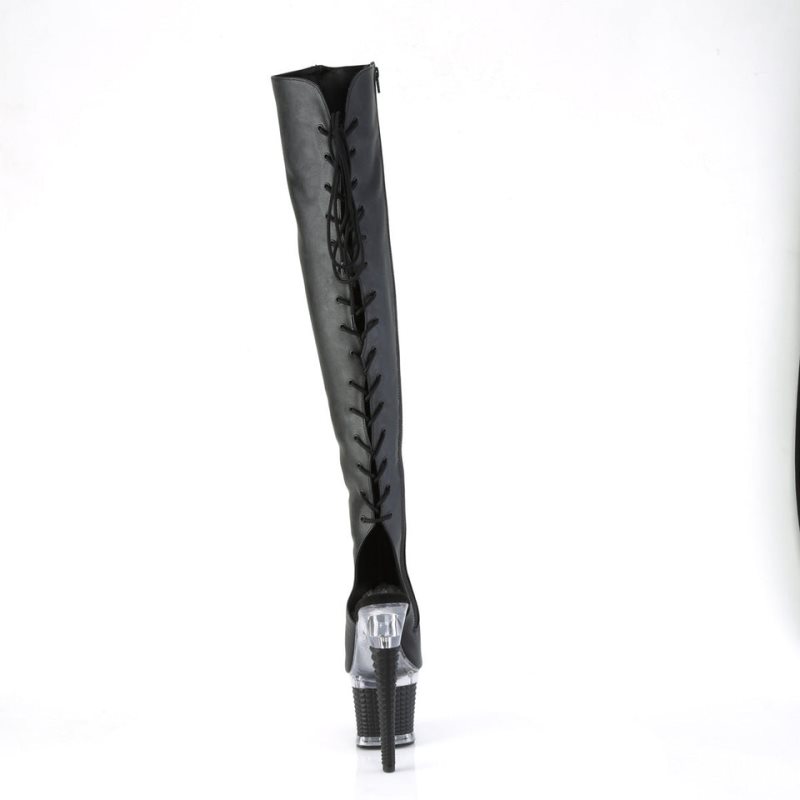 Pleaser Spectator-3019 Vegan Leather Women's Thigh High Boots Black / Clear | NZ JXFTNR